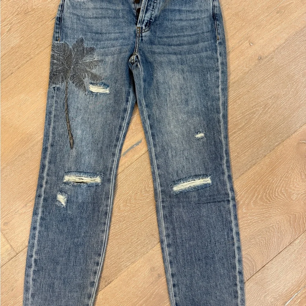 Free People Sandrine Rose denim jeans Palm Tree Embroidered size 26 NWT